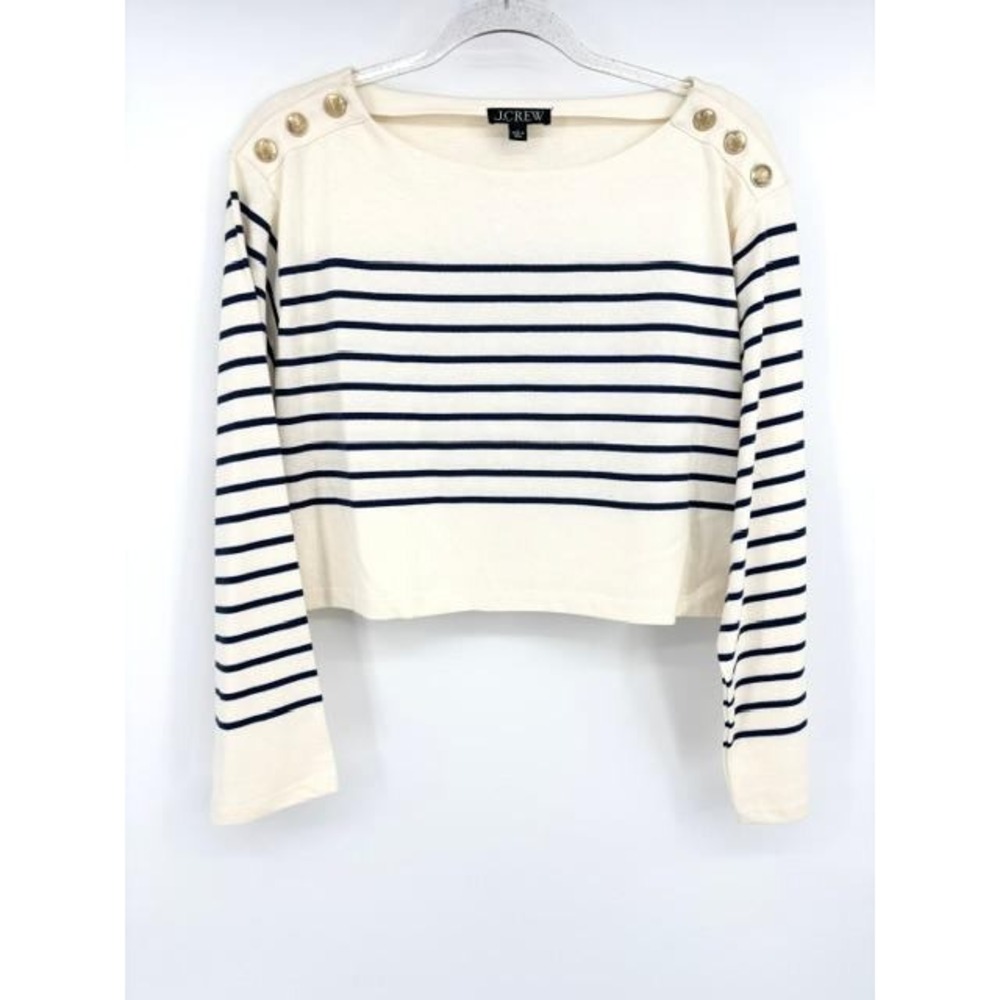 J Crew Cropped Boatneck T-Shirt With Buttons Mariner Cotton Nautical Size Medium